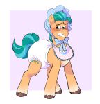  bib blush clenched_teeth clothing cutie_mark diaper earth_pony equid equine feral green_hair green_tail hair hasbro hat headgear headwear hi_res hitch_trailblazer_(mlp) hooves horse looking_down male mammal mlp_g5 my_little_pony pony ribbons sheepypeepy solo teeth 