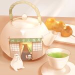  bear bird chai_(drawingchisanne) commentary_request cup dango food food_focus green_tea holding holding_cup holding_tray mitarashi_dango no_humans original penguin polar_bear scarf signature skewer storefront tea teacup teapot tray undersized_animal wagashi woollen_cap 