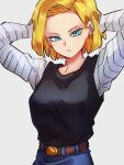  1girl android_18 arms_behind_head belt black_shirt blonde_hair blue_eyes blue_pants breasts brown_belt closed_mouth denim dragon_ball dragon_ball_z earrings jeans jewelry kemachiku looking_at_viewer medium_breasts pants shirt solo striped_sleeves white_sleeves 