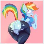 absurd_res anthro big_butt blue_body blush breasts butt clothed clothing equid equine female friendship_is_magic genitals hair hasbro hi_res horse huge_butt looking_back maldoando mammal multicolored_hair my_little_pony open_mouth pegasus pony pussy rainbow_dash_(mlp) rainbow_hair simple_background solo torn_clothing wings 