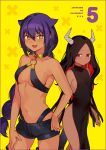  2girls bare_shoulders black_shorts braid breasts closed_mouth collarbone cover cover_page dark-skinned_female dark_skin eyebrows_visible_through_hair fang hair_flaps halter_top halterneck horns jahy jahy-sama_wa_kujikenai! konbu_wakame large_breasts looking_at_viewer manga_cover maou_(jahy) multicolored_hair multiple_girls navel o-ring o-ring_top official_art open_mouth pointy_ears red_eyes red_hair short_shorts shorts single_braid smile yellow_eyes 