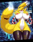  2022 abstract_background accessory anthro areola bandai_namco bell big_breasts black_nose breasts censor_bar censored chain cheek_tuft chest_tuft clitoris clitoris_piercing clothing digimon digimon_(species) ear_piercing ear_ring facial_tuft female fur fur_markings furgonomics genital_piercing genitals hi_res huge_breasts legwear maned_lyon markings multicolored_body multicolored_fur navel nipple_piercing nipples piercing pussy pussy_piercing renamon ring solo standing stockings tail_accessory tailband thigh_highs tongue tongue_out translucent translucent_clothing tuft two_tone_body two_tone_fur white_body white_fur yellow_body yellow_fur 