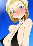  1girl android_18 bikini bikini_top_only blonde_hair blue_eyes blush breasts cleavage closed_mouth dragon_ball dragon_ball_z earrings highres jewelry large_breasts looking_at_viewer oimanji short_hair simple_background solo swimsuit 