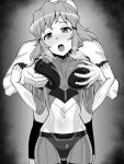  1boy 1girl absurdres blush breast_grab breasts covered_collarbone covered_nipples eyebrows_visible_through_hair grabbing grabbing_from_behind hair_ornament hairclip hetero highres inai_uchi large_breasts looking_at_viewer midriff monochrome navel open_mouth saliva senki_zesshou_symphogear shiny shiny_hair short_hair skin_tight sweat tachibana_hibiki_(symphogear) 