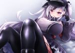  1girl absurdres azur_lane black_dress black_gloves black_hair black_headwear breasts dress elbe_(azur_lane) feet_out_of_frame gloves grey_background hair_between_eyes hat highres large_breasts lying multicolored_hair on_back osatou_(soul_of_sugar) peaked_cap red_eyes simple_background solo streaked_hair two-tone_hair white_hair 