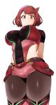  armor_removed bangs bob_cut breasts chest_jewel earrings highres jewelry large_breasts legwear_under_shorts monkey_jon pantyhose pyra_(xenoblade) red_eyes red_hair red_legwear short_hair short_shorts short_sleeves shorts super_smash_bros. swept_bangs thighhighs thighhighs_over_pantyhose tiara underbust xenoblade_chronicles_(series) xenoblade_chronicles_2 