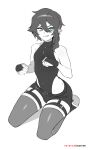  1boy artist_name bridal_gauntlets commentary covered_navel english_commentary eyebrows_visible_through_hair full_body greyscale hair_between_eyes highres kneeling leotard looking_at_viewer matemi monochrome original patreon_username pointy_ears shorts sleeveless solo thighhighs tongue tongue_out watermark 