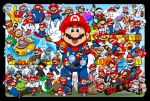  6+boys aircraft airplane american_flag biplane black_border blooper_(mario) blue_eyes boo_(mario) boots border car cloud cowboy_hat dirt dirtbike dr._mario dr._mario_(game) driving english_commentary f.l.u.d.d. facial_hair goomba ground_vehicle hat holding holding_wrench juggling makoto_ono male_focus mario mario_(series) mario_kart mario_vs._donkey_kong mortarboard motor_vehicle multiple_boys mustache overalls red_headwear sky smile spacesuit super_mario_64 super_mario_bros._3 super_mario_galaxy super_mario_strikers super_mario_sunshine surfing tail wrench yoshi 