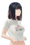  1girl artist_name black_eyes black_hair breasts clothes_lift frown lifted_by_self light_blush mattaku_mousuke medium_breasts medium_hair midriff navel original shirt shirt_lift simple_background solo t-shirt upper_body white_background white_shirt 