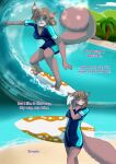  2020 anthro beach biped blue_eyes breasts brown_hair buckteeth cleavage clothed clothing comic detailed_background dialogue english_text female fur gem_(babystar) grey_body grey_fur hair hi_res holding_object inner_ear_fluff mammal outside palm_tree plant rodent sciurid seaside smile solo surfboard teeth text toddlergirl towel tree tuft water wetsuit 