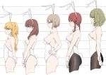  5girls animal_ears ascot black_legwear breasts cropped_legs detached_collar ebifryman fake_animal_ears from_side height_chart highres idolmaster idolmaster_cinderella_girls jougasaki_rika leotard looking_afar mifune_miyu multiple_girls own_hands_together pantyhose playboy_bunny profile rabbit_ears rabbit_tail sakuma_mayu shiomi_syuko sideboob tail takagaki_kaede white_leotard wrist_cuffs 