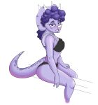  anthro bedroom_eyes black_clothing black_underwear blush ceratopsian clothed clothing colored_sketch dinosaur facial_horn female freckles goodbye_volcano_high hair horn humanoid mammal narrowed_eyes ornithischian purple_body purple_eyes purple_hair purple_skin reptile scalie seductive simple_background sketch snoot_game_(fan_game) solo triceratops trish_(gvh) underwear unknown_artist video_games white_background 