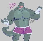  anthro arm_wraps big_pecs bottomwear clothed clothing green_body hi_res komodo_dragon lizard male megawaffle_(artist) monitor_lizard muscular muscular_anthro muscular_male open_mouth pecs reptile scalie shorts solo tongue tongue_out topless wraps 