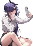  1girl bangs black_shorts blue_hair blush breasts brown_eyes cellphone cropped_sweater grey_sweater grin highres k_pring large_breasts long_hair long_sleeves original phone selfie short_shorts shorts side_ponytail smile solo sweater 