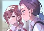  2girls ahoge asakura_toru bangs blue_eyes blue_hair blurry blurry_background brown_hair commentary_request earrings gradient_hair hair_ornament hairclip higuchi_madoka idolmaster idolmaster_shiny_colors jewelry koguma_poistar looking_away low_ponytail mole mole_under_eye multicolored_hair multiple_girls purple_eyes school_uniform shirt short_hair swept_bangs upper_body white_shirt 