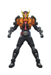  1boy absurdres armor black_bodysuit black_footwear black_gloves bodysuit boots flying geiz_revive geiz_revive_goretsu gloves highres holding holding_weapon horns hourglass kamen_rider kamen_rider_geiz kamen_rider_zi-o_(series) knee_up male_focus official_alternate_costume orange_armor peihao_wang revive_ridewatch tokusatsu weapon yellow_eyes yellow_horns 