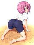  1girl absurdres all_fours ass barefoot bike_shorts black_shorts blush cameltoe ether_core from_behind full_body gym_uniform highres looking_at_viewer looking_back minato_tomoka one_side_up pink_eyes pink_hair rou-kyuu-bu! shiny shiny_hair shiny_skin shirt short_hair shorts side_ponytail smile soles solo tongue tongue_out white_shirt 