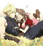  1boy 1girl aerith_gainsborough belt blonde_hair blue_eyes blue_pants blue_shirt boots bracelet breasts choker cleavage closed_eyes cloud_strife collaboration couple cropped_jacket dress field final_fantasy final_fantasy_vii fingerless_gloves flower flower_field full_body gloves hair_between_eyes hand_on_another&#039;s_chest hand_to_own_face highres jacket jewelry leaf lying medium_breasts mikuroron music musical_note on_back on_stomach open_mouth pants pink_dress puffy_short_sleeves puffy_sleeves reclining red_jacket shirt short_sleeves singing sleeveless sleeveless_turtleneck smile spiked_hair suspenders talesofmea teeth turtleneck upper_body upper_teeth 