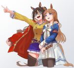  2girls animal_ears armband bangs belt benikirin blue_eyes breasts brown_hair brown_legwear buttons coat coat_on_shoulders cropped_legs domino_mask double-breasted dress el_condor_pasa_(umamusume) grass_wonder_(umamusume) grey_background hand_on_another&#039;s_shoulder highres holding_own_arm horse_ears horse_girl horse_tail jacket long_sleeves mask medium_breasts multiple_girls open_mouth pointing purple_skirt red_coat skirt small_breasts smile tail thighhighs umamusume white_dress yellow_jacket 