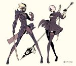  1boy 1girl absurdres black_blindfold black_dress black_legwear blindfold breasts cleavage covered_eyes crossover cyborg dress highres holding holding_polearm holding_sword holding_weapon lance medium_breasts metal_gear_(series) metal_gear_rising:_revengeance nier_(series) nier_automata one_eye_covered open_hand polearm raiden_(metal_gear) red_eyes subakeye sword thighhighs weapon white_hair yellow_background yorha_no._2_type_b zettai_ryouiki 