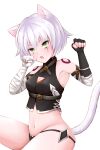  1girl absurdres animal_ears animal_hands bandaged_arm bandages bare_shoulders black_legwear black_panties blush breasts cat_ears cat_tail fate/apocrypha fate/grand_order fate_(series) gloves green_eyes grey_hair highres jack_the_ripper_(fate/apocrypha) looking_at_viewer navel open_mouth panties scar scar_across_eye short_hair shoulder_tattoo simple_background single_glove small_breasts solo tail tattoo underwear white_background 