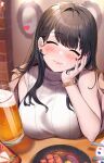  1girl alcohol bangs beer black_hair blunt_bangs blush breast_rest breasts breasts_on_table closed_eyes coat cup drinking_glass earrings foam_mustache food hand_on_own_face head_rest highres jewelry large_breasts looking_at_viewer mole mole_under_mouth monoto off_shoulder open_clothes open_coat original pink_lips plate pov_across_table red_nails sleeveless sleeveless_turtleneck solo sparkle sweater table turtleneck turtleneck_sweater upper_body watch 