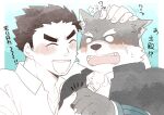  anthro blush brown_hair canid canine canis domestic_dog duo embarrassed eyebrows fur grey_body grey_fur hair hi_res human japanese_text jock_protagonist_(tas) lifewonders male male/male mammal one_konta1123 petting protagonist_(tas) text thick_eyebrows tokyo_afterschool_summoners video_games 