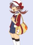  1girl :d blue_overalls bow brown_eyes brown_hair cabbie_hat commentary_request from_side grey_background hand_up hat hat_bow highres ivib korean_commentary long_hair looking_back lyra_(pokemon) open_mouth overalls pokegear pokemon pokemon_(game) pokemon_hgss red_bow red_shirt shirt smile solo teeth thighhighs twintails upper_teeth white_headwear white_legwear yellow_bag 