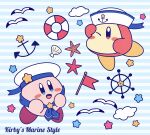  absurdres anchor anchor_symbol arm_up bird blue_background blue_eyes blue_neckerchief blue_ribbon blush blush_stickers character_name cloud commentary_request english_commentary english_text flag full_body hands_up happy hat hat_ribbon highres kirby kirby_(series) lifebuoy miwa_(ahyuck) mixed-language_commentary neckerchief no_humans no_mouth one_eye_closed open_mouth partial_commentary red_eyes ribbon sailor_hat seagull seashell shading_eyes shell ship&#039;s_wheel smile solid_oval_eyes star_(symbol) starfish striped striped_background waddle_dee white_headwear 