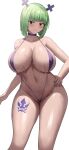  1girl absurdres bangs bikini brandish_mu breasts choker curvy dripping fairy_tail green_eyes green_hair hand_on_hip highres jasony large_breasts leg_tattoo looking_at_viewer navel plump short_hair solo string_bikini swimsuit tattoo thick_thighs thighs wet 