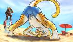  absurd_res anthro beach being_watched binoculars bottomwear bulge charr clothing digital_media_(artwork) felid fur guild_wars hair hi_res jack-o&#039;_pose looking_at_another looking_at_viewer male mammal pantherine pose rytlock_brimstone sand seaside shorts sky smile solo tiger vateo video_games 