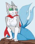  absurd_res anthro ardythewonderfull breasts canid canine canis featureless_breasts female fish_tail fur hi_res inner_ear_fluff mammal marine merfolk mermaid_tail metamorphosis neck_tuft one_eye_closed scales scarf smile split_form tuft wink wolf wolf_wolfindeir ych ych_result 