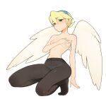  1girl angel_wings blonde_hair blush breasts breath_of_fire breath_of_fire_iv covering covering_breasts een033 feathered_wings hairband highres looking_at_viewer nina_(breath_of_fire_iv) nipples pantyhose short_hair solo topless very_short_hair white_wings wings 