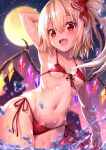  1girl bikini blonde_hair breasts crystal eyebrows_visible_through_hair eyes_visible_through_hair fang flandre_scarlet highres hijikawa_arashi medium_hair moon one_side_up panties red_bikini red_eyes side-tie_bikini side_ponytail skin_fang small_breasts solo swimsuit touhou underwear vampire water wet wings 