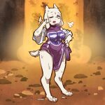  anthro bodily_fluids bovid caprine clothed clothing clothing_pull fangs feet female fur goat hi_res horn long_ears mammal red_eyes solo steam sweat sweatdrop tateoftot toriel undertale_(series) white_body white_fur 