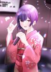  :d absurdres couch dark_blue_hair floral_print highres holding holding_microphone idolmaster idolmaster_shiny_colors indoors japanese_clothes karaoke kimono light_particles microphone morino_rinze music o_shiki obi pink_kimono red_eyes sash seikan_hikou shiny shiny_clothes shiny_hair singing smile 