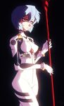  ayanami_rei black_background blue_hair bodysuit breasts closed_mouth highres machitoons neon_genesis_evangelion plugsuit red_eyes solo 