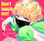  1girl androgynous black_nails blonde_hair blue_eyes english_text green_hoodie hood hood_down hoodie jamu long_sleeves looking_at_viewer mask mouth_mask nail_polish pink_background shishigome_oto short_hair solo tokyo_7th_sisters 