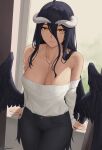  1girl absurdres albedo_(overlord) backlighting bangs bare_shoulders black_hair black_pants black_wings blush breasts cleavage collarbone commentary demon_girl demon_horns english_commentary feathered_wings hair_between_eyes highres horns large_breasts long_hair long_sleeves looking_at_viewer low_wings mixed-language_commentary off-shoulder_sweater off_shoulder overlord_(maruyama) paid_reward_available pants slit_pupils smile solo sweater thighs white_horns white_sweater window wings yellow_eyes zaphn 