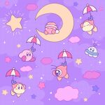  absurdres blue_eyes blush blush_stickers closed_eyes closed_mouth cloud commentary_request copy_ability crescent_moon flat_color floating full_body fur-trimmed_headwear hat highres holding holding_umbrella kirby kirby_(series) lightning_bolt_symbol miwa_(ahyuck) moon night nightcap no_mouth noddy_(kirby) on_crescent one-eyed orange_headwear outdoors polka_dot_headwear pom_pom_(clothes) purple_background purple_eyes purple_sky sitting sleeping solid_circle_eyes star_(sky) star_(symbol) u_u ufo ufo_(kirby) umbrella waddle_dee waddle_doo 