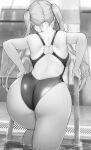  1girl absurdres ass backboob backless_swimsuit breasts competition_swimsuit from_behind gentsuki greyscale highres kimi_omou_koi kuroe_(kimi_omou_koi) long_hair monochrome one-piece_swimsuit original partially_submerged pool pool_ladder solo swimsuit twintails water 