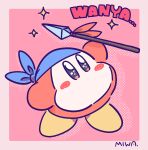  arm_up artist_name bandana bandana_waddle_dee black_eyes blue_headwear border commentary_request flat_color full_body highres holding holding_polearm holding_weapon kirby_(series) looking_up miwa_(ahyuck) no_humans no_mouth pink_background pink_border polearm signature simple_background sketch solid_oval_eyes solo sparkle spear standing waddle_dee weapon 