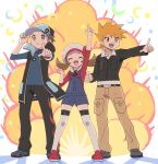  1girl 2boys alternate_color blue_oak brown_eyes brown_hair explosion flame_print highres jacket jewelry low_twintails lyra_(pokemon) multiple_boys necklace overalls pointing pointing_up pokemon pokemon_(game) pokemon_frlg pokemon_hgss pokemon_masters_ex pumpkinpan red_(pokemon) smile spiked_hair twintails 
