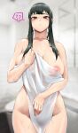  1girl ? ?? absurdres bath black_hair blush breasts btongued cleavage covering covering_breasts cowboy_shot groin hairband half-closed_eyes highres large_breasts naked_towel nipple_slip nipples nude parted_lips red_eyes sidelocks solo spy_x_family thought_bubble towel wet yor_briar 