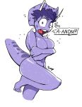  anthro big_breasts breast_grab breasts ceratopsian covering covering_self dinosaur english_text female glistening glistening_body goodbye_volcano_high hair hand_on_breast humanoid looking_at_viewer mammal narrowed_eyes nude orange_bongo ornithischian purple_body purple_eyes purple_hair purple_skin reptile scalie simple_background snoot_game_(fan_game) solo speech_bubble surprised_expression text thick_thighs triceratops trish_(gvh) video_games wet wet_body white_background 