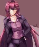  1girl absurdres breasts business_suit cleavage eyebrows_visible_through_hair fate/grand_order fate_(series) formal highres jacket large_breasts long_hair office_lady purple_hair purple_jacket purple_shirt red_eyes scathach_(fate) shirt shirt_tucked_in solo suit tgxx3300 very_long_hair 
