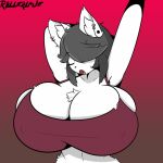  anthro big_breasts black_hair breasts canid canine ear_piercing eyes_closed female fur fur_tuft fuzzy hair huge_breasts maggie_applebee mammal nipple_outline open_mouth piercing rollerlane solo stretching tuft white_body white_fur yawn 