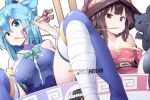  2girls aqua_(konosuba) bandaged_leg bandages bare_shoulders blue_hair blue_legwear breasts brown_hair brown_headwear chomusuke chopsticks cleavage closed_mouth commentary eating english_commentary food hair_between_eyes hair_ornament hat holding holding_chopsticks hot_vr kono_subarashii_sekai_ni_shukufuku_wo! large_breasts long_hair looking_at_viewer medium_breasts megumin multiple_girls noodles patreon_username pixiv_username ramen red_eyes short_hair simple_background sitting thighhighs white_background witch_hat 