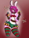  absurd_res anthro armwear bell belly bubbly_bubblegum buckteeth bulge christmas christmas_clothing clothed clothing collar erect_nipples erection erection_under_clothing hair happy hi_res holidays lagomorph leporid male mammal nipples pink_body pink_eyes pink_hair rabbit red_nose reins robby_(@bubbly_bubblegum) solo stripes stripped_stockings teeth 