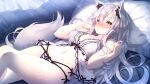  1girl ahoge animal_ear_fluff animal_ears babydoll blurry blurry_background blush bokeh breasts bright_pupils cleavage depth_of_field grey_hair hair_between_eyes highres indoors lingerie long_hair looking_at_viewer lying medium_breasts multi-strapped_panties navel night non-web_source on_back original parted_lips rozea_(graphmelt) sidelocks solo strap_gap tail underwear underwear_only very_long_hair white_pupils yellow_eyes 